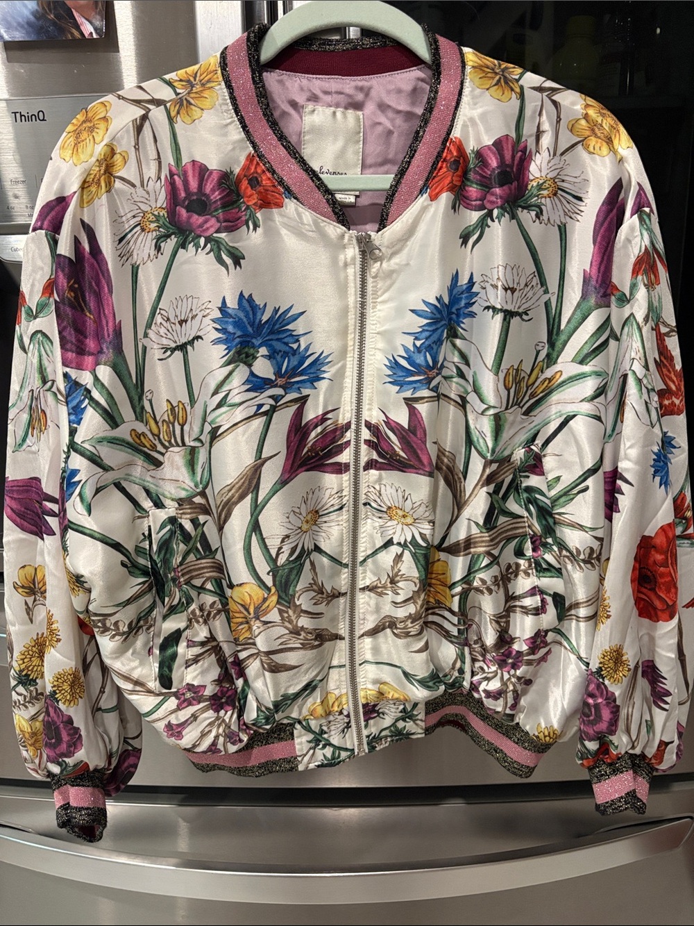 Elevenses White Floral Satin Bomber Jacket with Pink Trim- practically new-